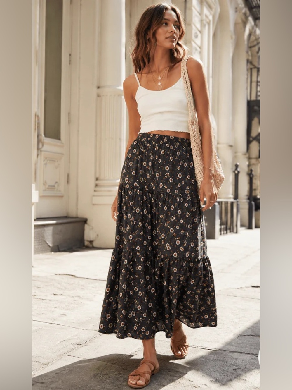 Les Amis-Bohemian Tiered Black Floral Maxi Skirt various sizes
